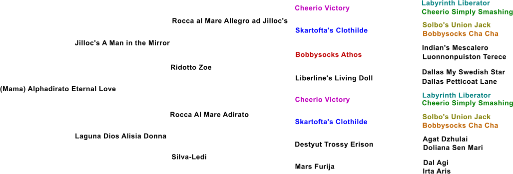 (Mama) Alphadirato Eternal Love  Jilloc's A Man in the Mirror  Rocca al Mare Allegro ad Jilloc's  Ridotto Zoe  Laguna Dios Alisia Donna  Rocca Al Mare Adirato Silva-Ledi Skartofta's Clothilde Bobbysocks Athos Liberline's Living Doll Cheerio Victory Skartofta's Clothilde Destyut Trossy Erison Mars Furija Cheerio Victory Labyrinth Liberator  Cheerio Simply Smashing Solbo's Union Jack Bobbysocks Cha Cha Indian's Mescalero Luonnonpuiston Terece Dallas My Swedish Star Dallas Petticoat Lane Labyrinth Liberator  	 Cheerio Simply Smashing Solbo's Union Jack Bobbysocks Cha Cha Agat Dzhulai Doliana Sen Mari Dal Agi Irta Aris